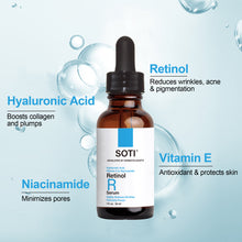 Load image into Gallery viewer, Soti 2.5% Retinol Serum, Formulated in USA! Reduces Wrinkles, Age Spots, Post-Acne Marks. Stimulates Collagen, Firm Skin, Anti Aging with Hyaluronic Acid, Niacinamide (30ml)