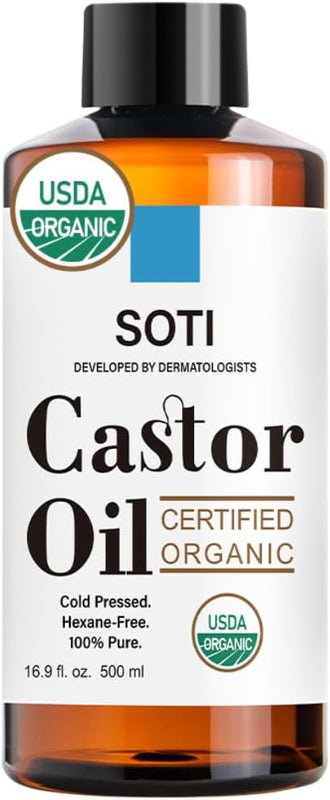 Castor Oil (500 ml), USDA Certified Organic, 100% Pure, Cold Pressed, Hexane Free by Soti. Stimulate Growth for Eyelashes, Eyebrows, Hair, Skin Moisturizer