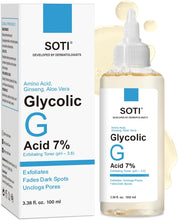 Load image into Gallery viewer, Glycolic Acid Toner 7% AHA, Exfoliating Facial Toner with Aloe Vera, Ginseng &amp; Amino Acids, Brightens Skin, Minimizes Pores, Anti-Aging, Vegan, 100ml, Soti