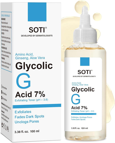 Glycolic Acid Toner 7% AHA, Exfoliating Facial Toner with Aloe Vera, Ginseng & Amino Acids, Brightens Skin, Minimizes Pores, Anti-Aging, Vegan, 100ml, Soti