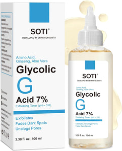 Glycolic Acid Toner 7% AHA, Exfoliating Facial Toner with Aloe Vera, Ginseng & Amino Acids, Brightens Skin, Minimizes Pores, Anti-Aging, Vegan, 100ml, Soti