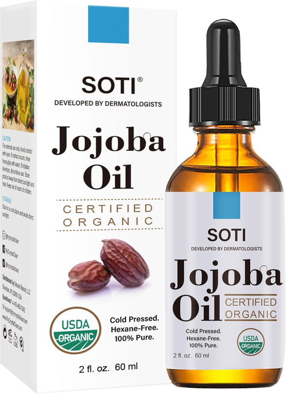 Jojoba Oil (2oz), USDA Certified Organic, 100% Pure, Cold Pressed, Hexane Free by Soti. Natural Moisturizer for Hair, Skin, Scalp, and Nails, Promotes Healthy Hydration and Shine