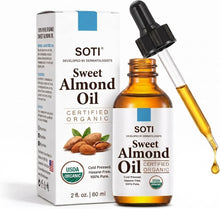 Load image into Gallery viewer, Organic Sweet Almond Body Oil, USDA Certified 100% Pure Cold Pressed Hexane Free | Carrier Oil &amp; Hair Oil for Face Skin Hair Baby Massage &amp; Body by SOTI (60ml / 2oz)