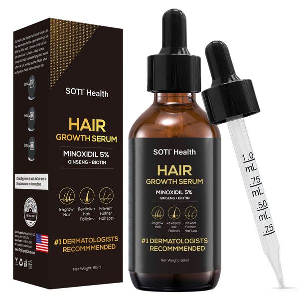 Soti Minoxidil 5% Hair Growth, Hair Loss Regrowth Serum 60ml. Formulated in USA! Dermatologists Recommended. Ginseng and Biotin Extra Strength Formula