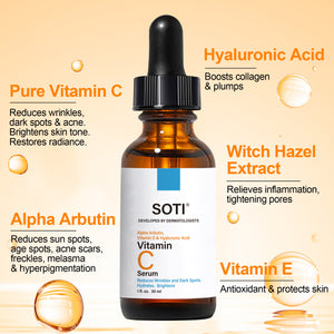 Soti Vitamin C Anti-aging Face Serum 20% Vitamin C Concentrated To Reduces Wrinkles, Dark Spots & Acne, Brightens Skin Tone and Restores Radiance Formulated in USA, 1 fl.oz. 60ml