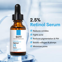Load image into Gallery viewer, Soti 2.5% Retinol Serum, Formulated in USA! Reduces Wrinkles, Age Spots, Post-Acne Marks. Stimulates Collagen, Firm Skin, Anti Aging with Hyaluronic Acid, Niacinamide (30ml)