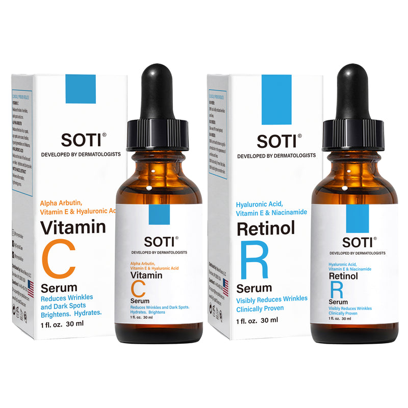 Soti 2.5% Retinol Serum (30ml) and 20% Vitamin C Serum (30ml) with Hyaluronic Acid, Alpha Arbutin and Vitamin E, Formulated in USA! Day and Night skin care